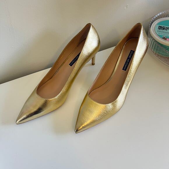 Stuart Weitzman Leather Metallic Gold Pumps 9.5 - Picture 5 of 9